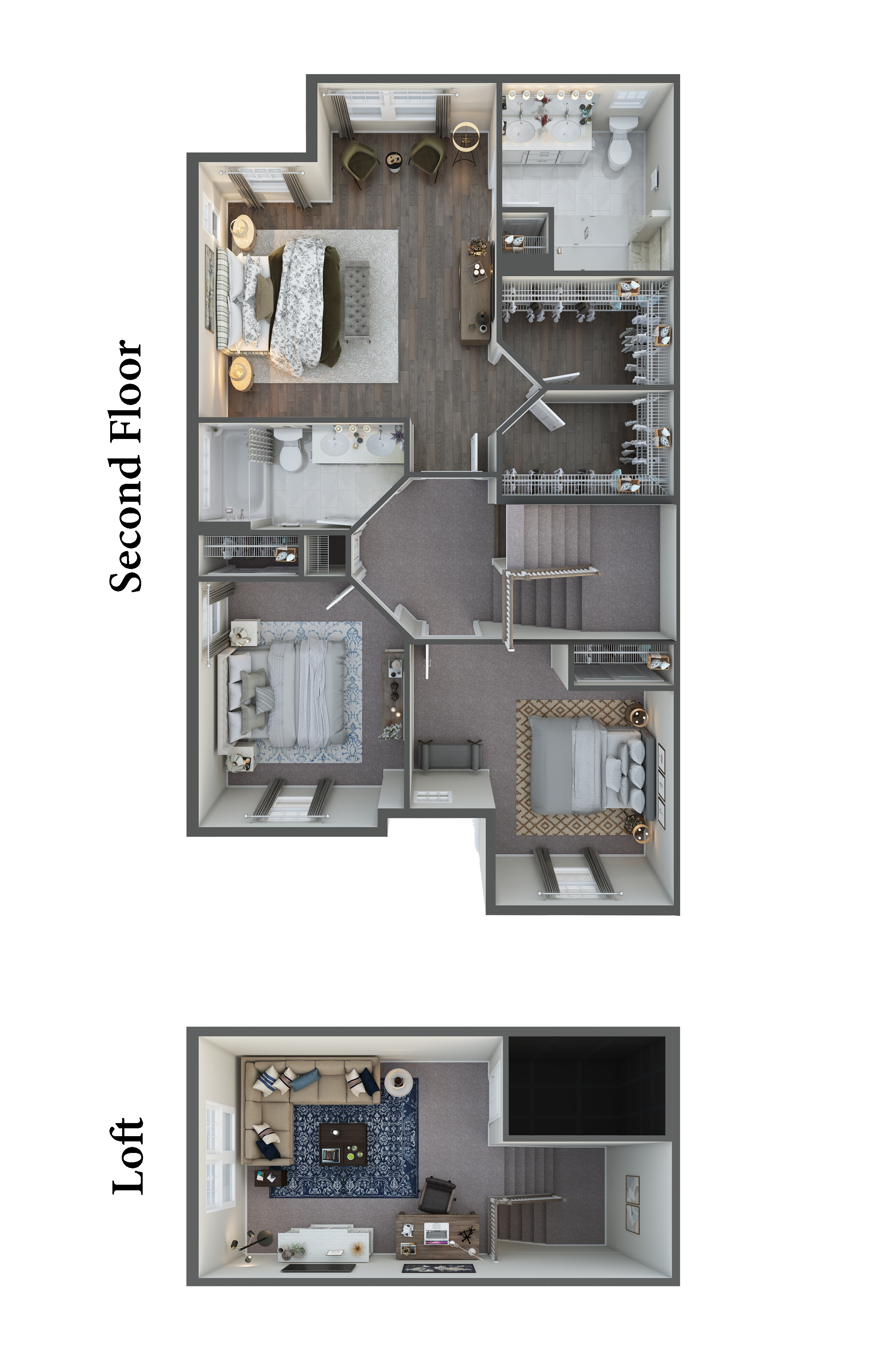 The Hunterdon 3D Second & Loft Floor Plan Front